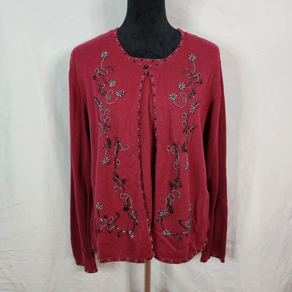 Vintage 90s CLAUDIA D Size XL Cranberry Red Beaded Mock Twinset Cardigan Sweater